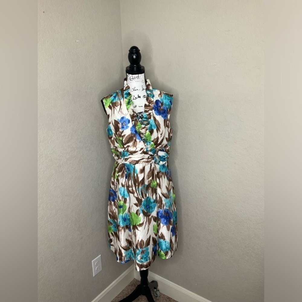 583 - Jessica Howard NWOT Off-White Brown/Blue Floral Sleeveless Dress, Size 12P